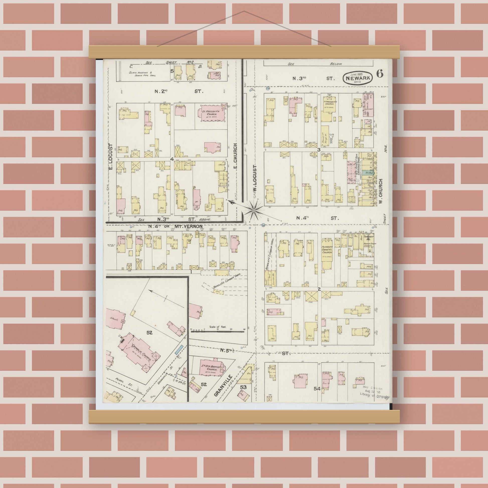Old map wall art mockup — magnetic wood frame on brick wall — Sanborn Fire Insurance Map from Newark, Licking County, Ohio (1889), Sheet #0006
