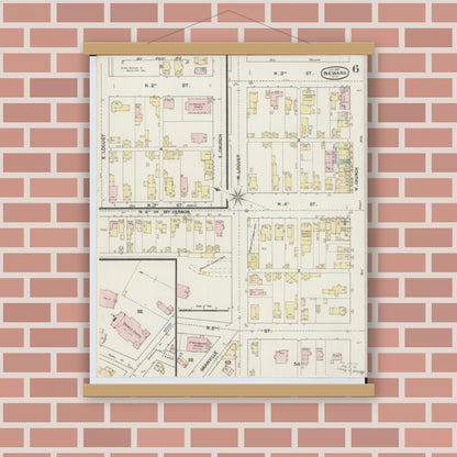 Old map wall art mockup — magnetic wood frame on brick wall — Sanborn Fire Insurance Map from Newark, Licking County, Ohio (1889), Sheet #0006