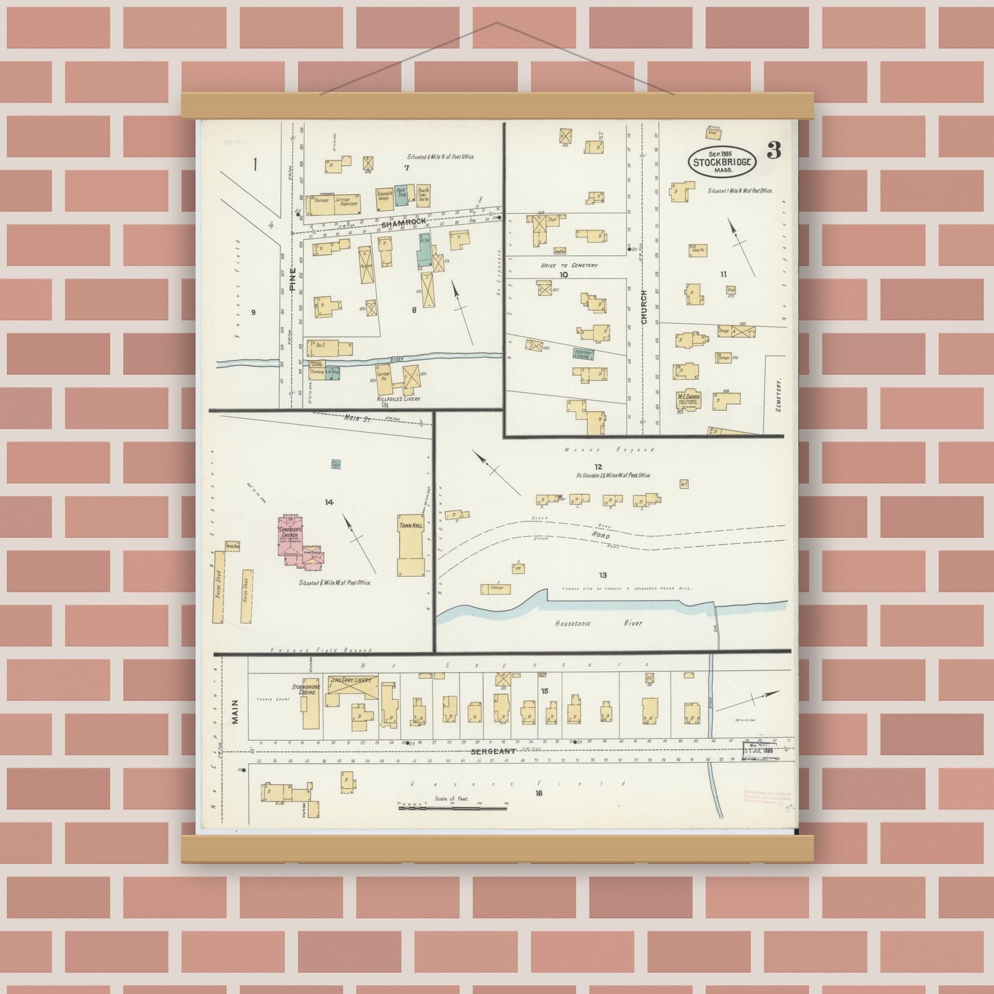 Old map wall art mockup — magnetic wood frame on brick wall — Sanborn Fire Insurance Map from Stockbridge, Berkshire County, Massachusetts (1905), Sheet #0003