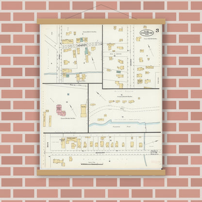 Old map wall art mockup — magnetic wood frame on brick wall — Sanborn Fire Insurance Map from Stockbridge, Berkshire County, Massachusetts (1905), Sheet #0003