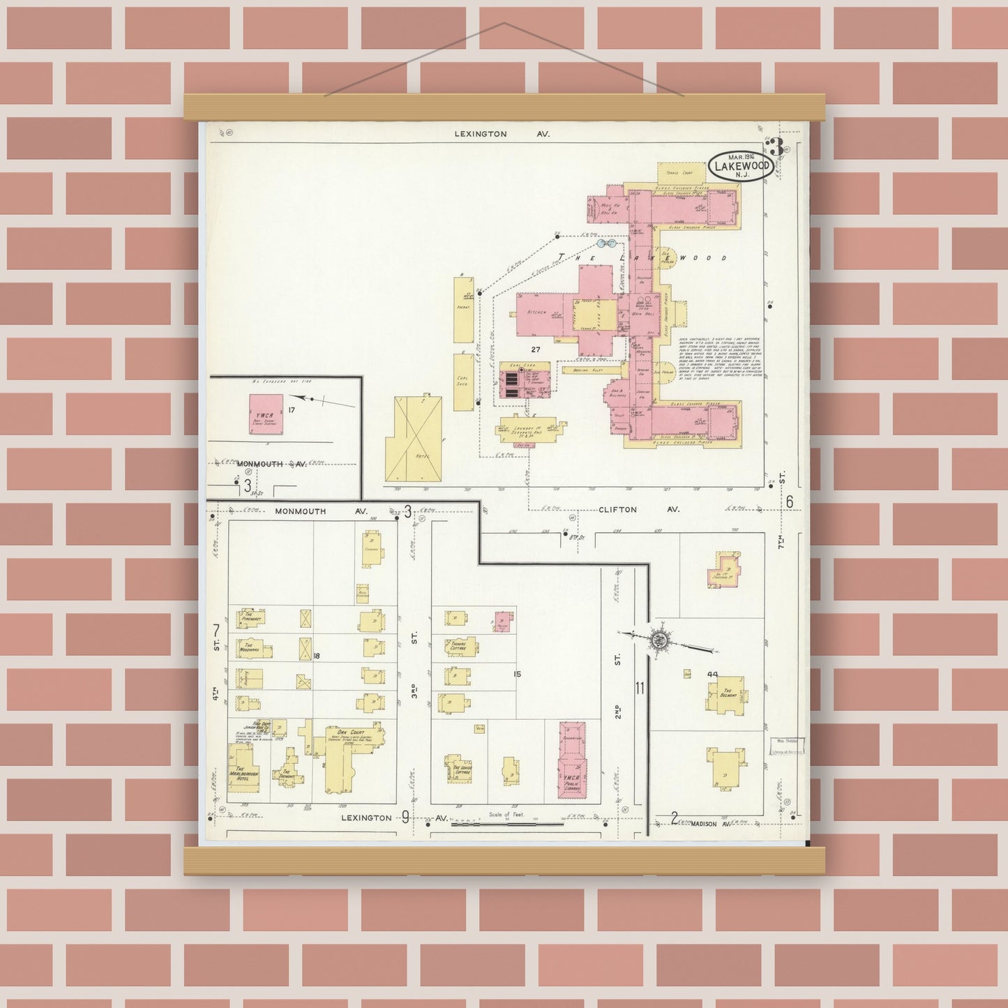 Old map wall art mockup — magnetic wood frame on brick wall — Sanborn Fire Insurance Map from Lakewood, Ocean County, New Jersey (1916), Sheet #0003