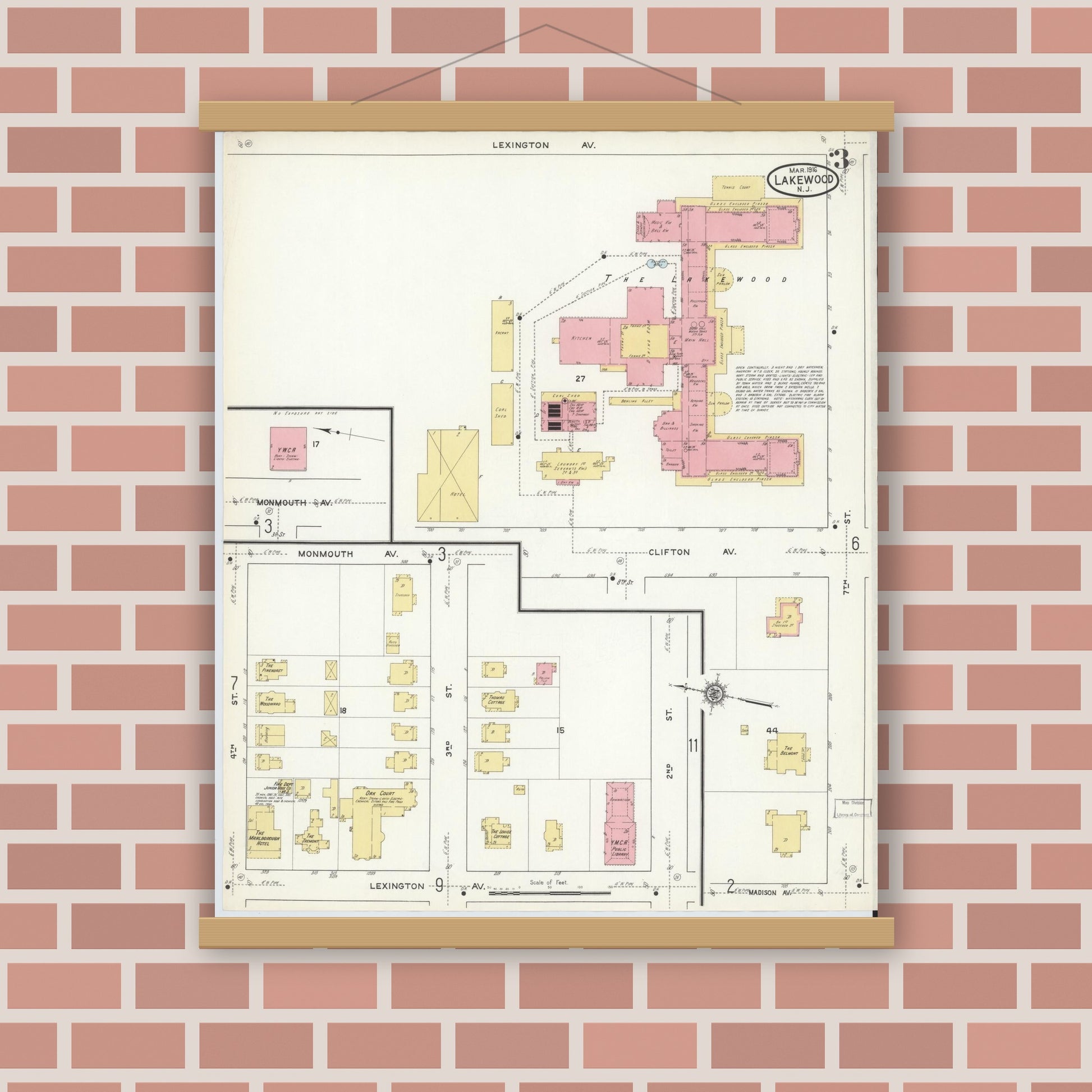 Old map wall art mockup — magnetic wood frame on brick wall — Sanborn Fire Insurance Map from Lakewood, Ocean County, New Jersey (1916), Sheet #0003