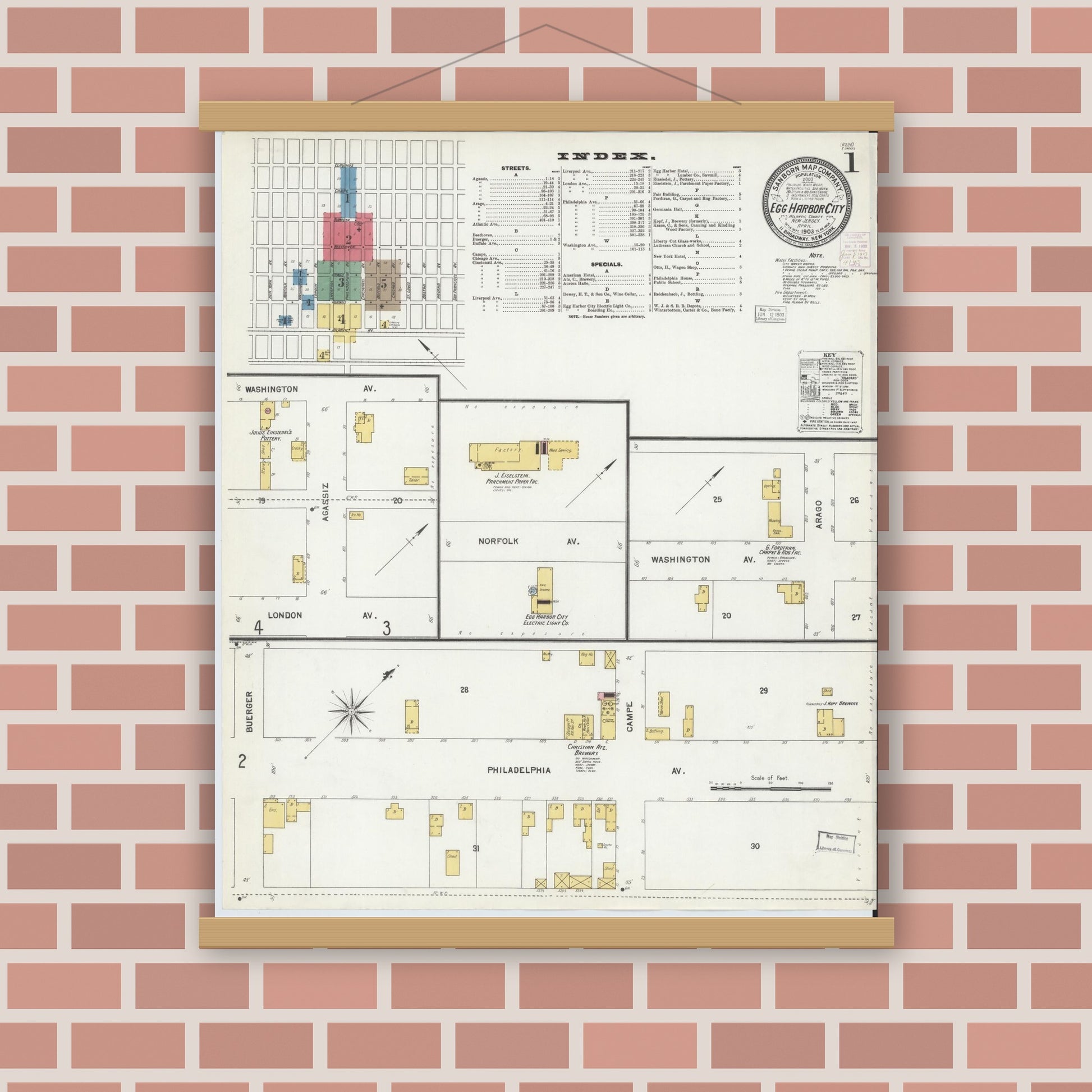 Old map wall art mockup — magnetic wood frame on brick wall — Sanborn Fire Insurance Map from Egg Harbor City, Atlantic County, New Jersey (1903) - Complete Map Set