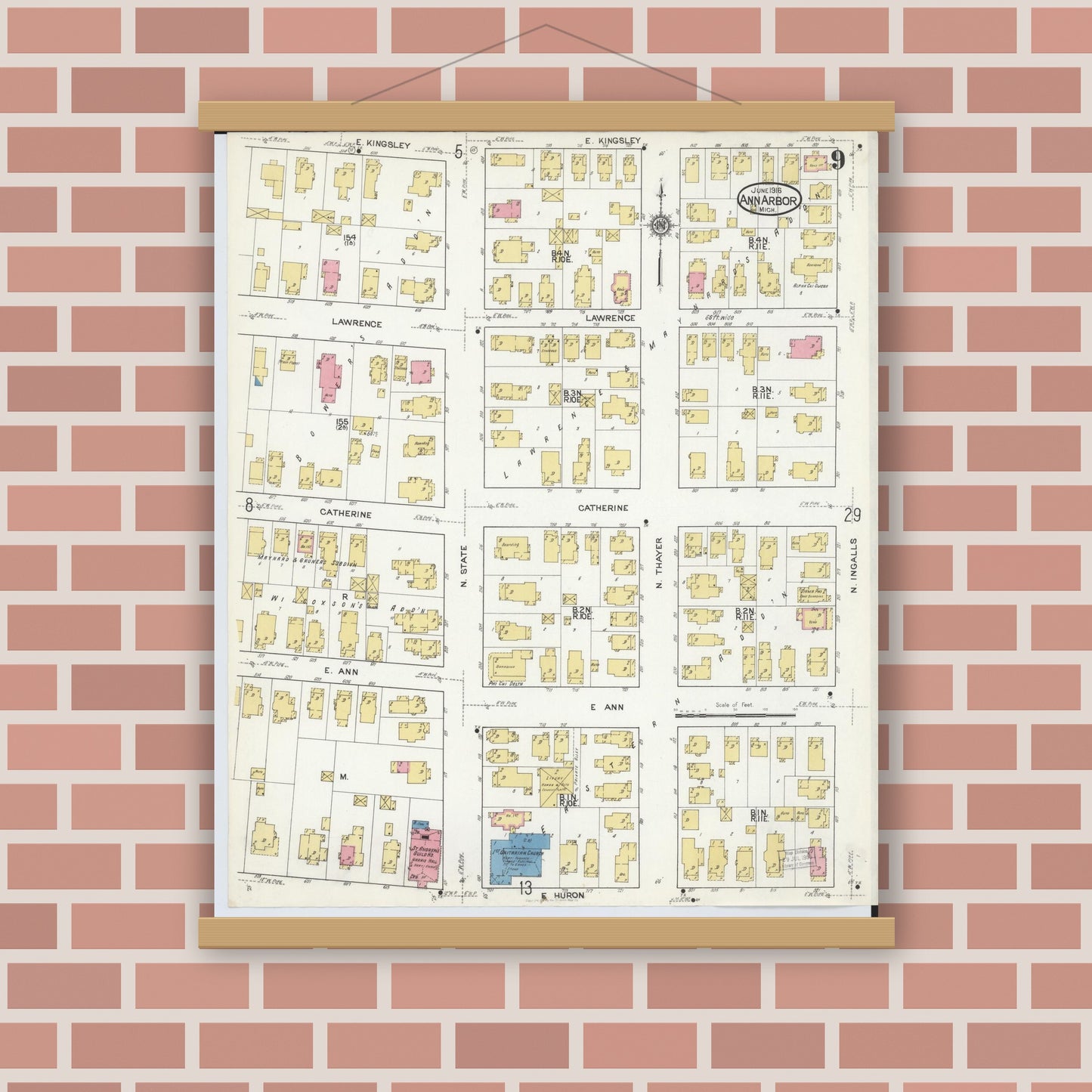 Old map wall art mockup — magnetic wood frame on brick wall — Sanborn Fire Insurance Map from Ann Arbor, Washtenaw County, Michigan (1916), Sheet #0009