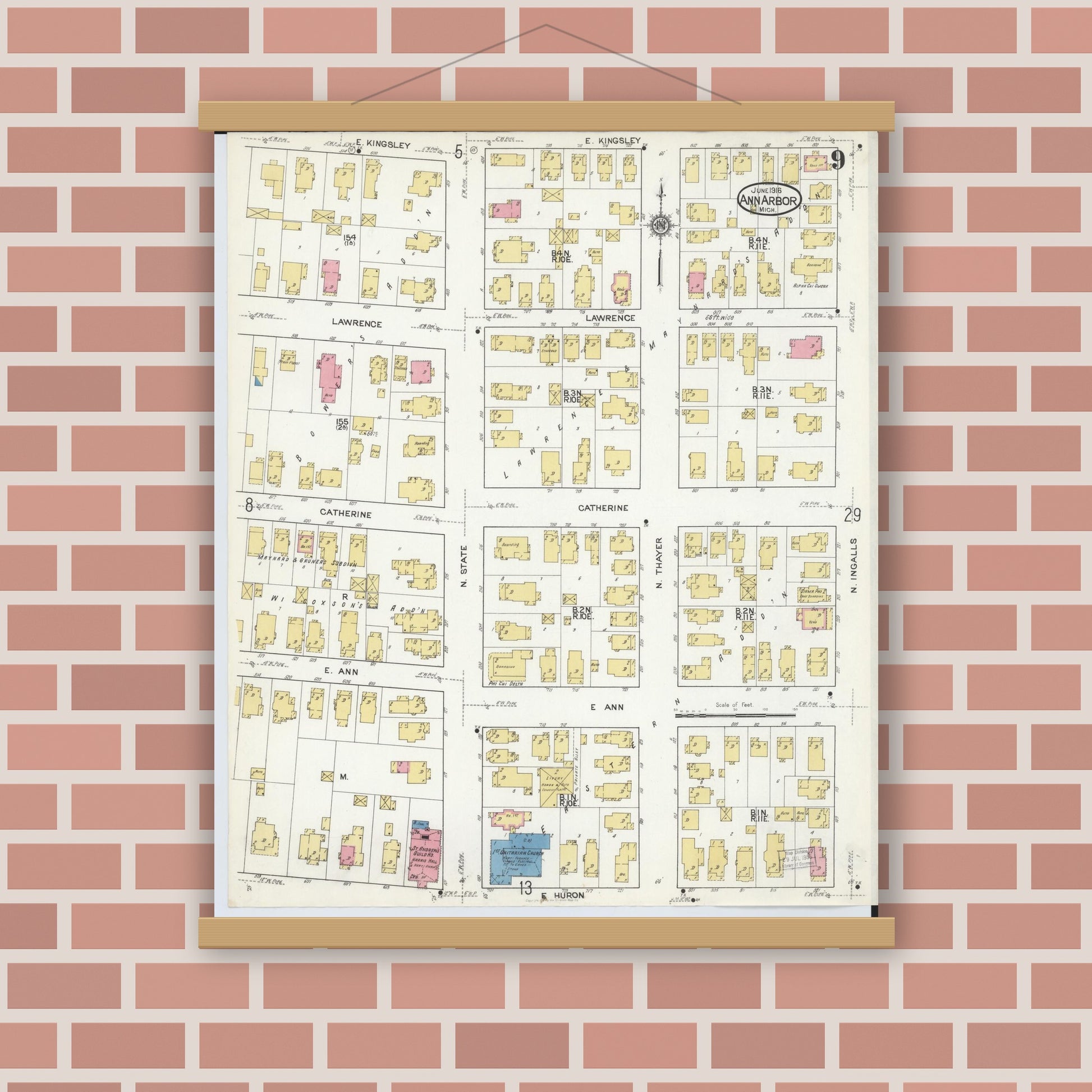 Old map wall art mockup — magnetic wood frame on brick wall — Sanborn Fire Insurance Map from Ann Arbor, Washtenaw County, Michigan (1916), Sheet #0009