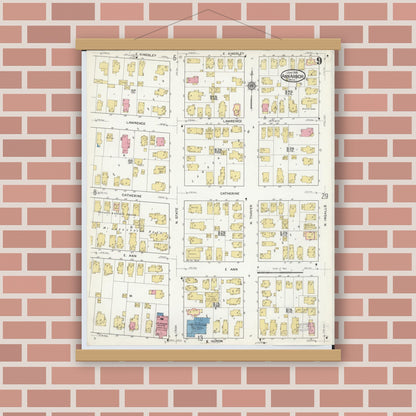 Old map wall art mockup — magnetic wood frame on brick wall — Sanborn Fire Insurance Map from Ann Arbor, Washtenaw County, Michigan (1916), Sheet #0009