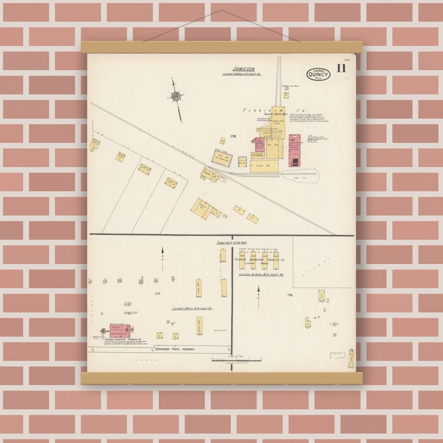 Old map wall art mockup — magnetic wood frame on brick wall — Sanborn Fire Insurance Map from Quincy, Gadsden County, Florida (1922), Sheet #0011