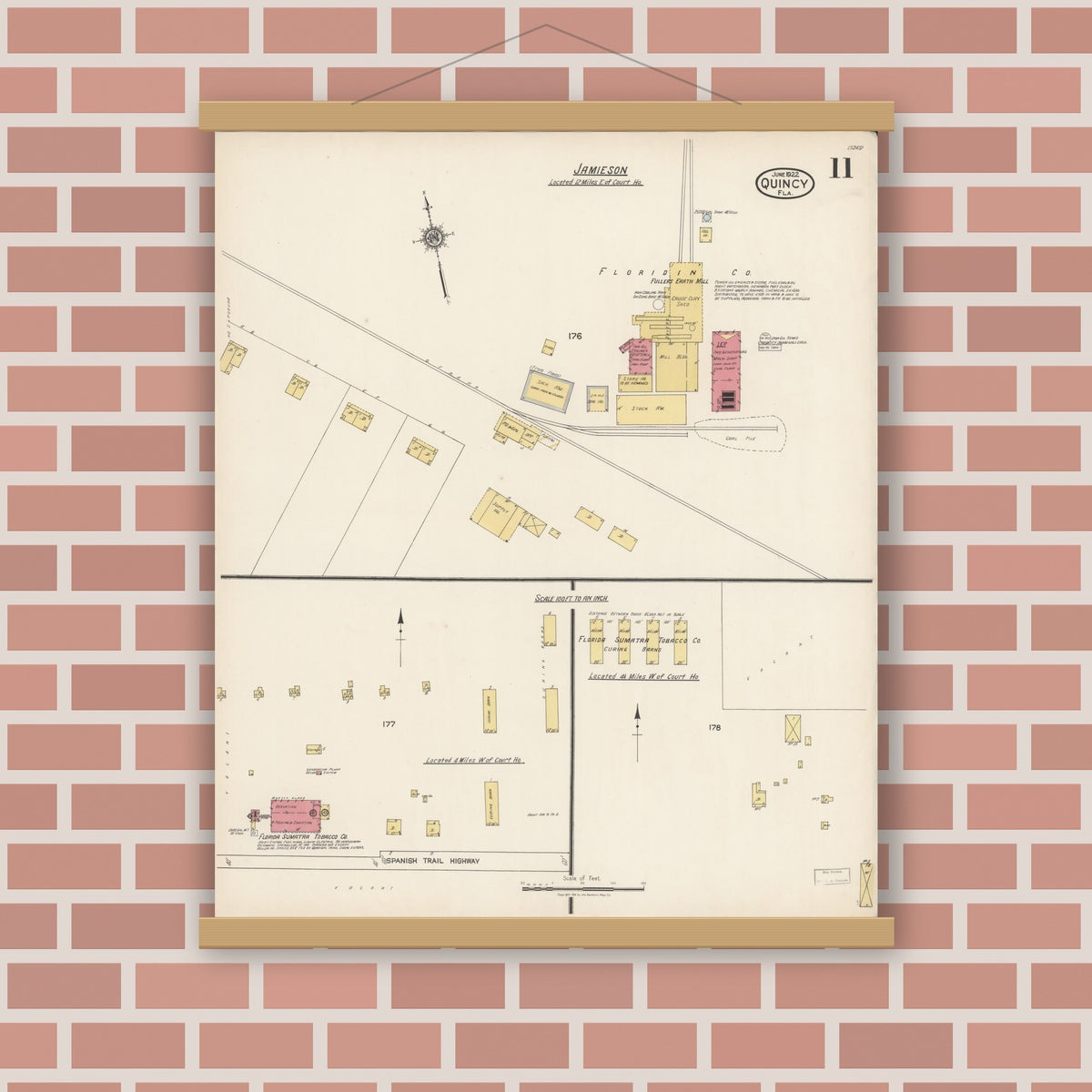 Old map wall art mockup — magnetic wood frame on brick wall — Sanborn Fire Insurance Map from Quincy, Gadsden County, Florida (1922), Sheet #0011