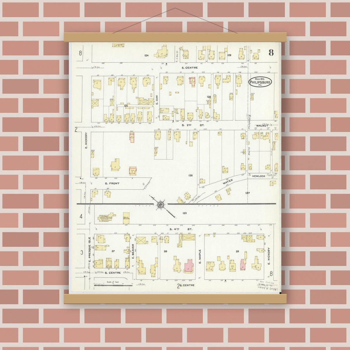 Old map wall art mockup — magnetic wood frame on brick wall — Sanborn Fire Insurance Map from Philipsburg, Centre County, Pennsylvania (1910), Sheet #0008