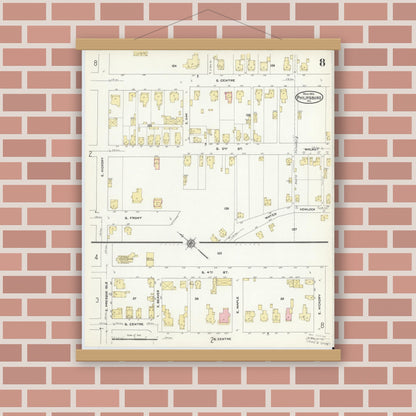 Old map wall art mockup — magnetic wood frame on brick wall — Sanborn Fire Insurance Map from Philipsburg, Centre County, Pennsylvania (1910), Sheet #0008
