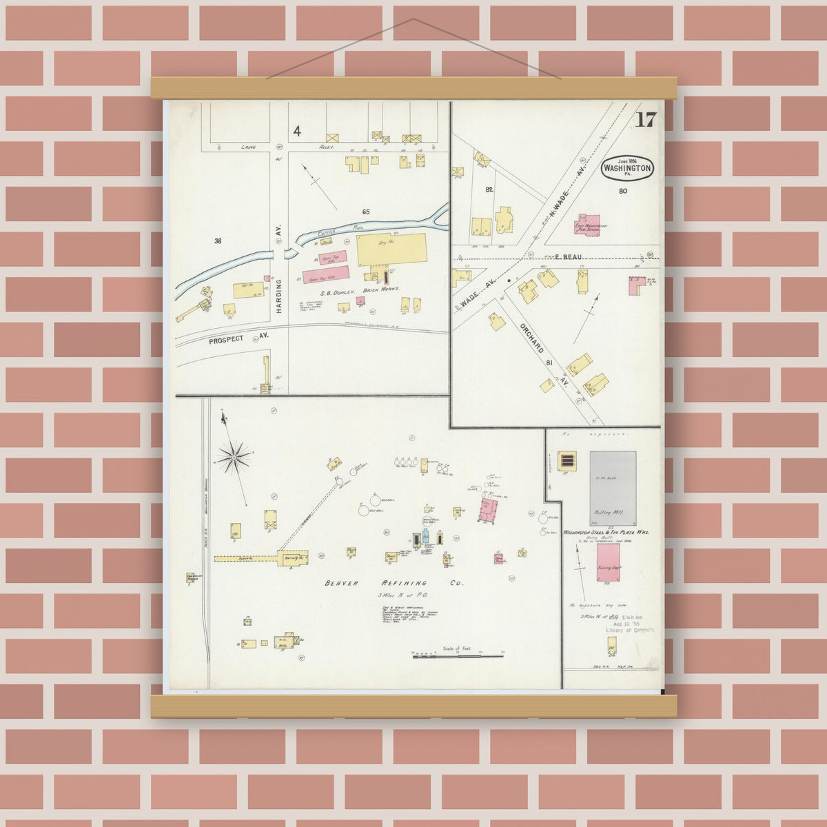 Old map wall art mockup — magnetic wood frame on brick wall — Sanborn Fire Insurance Map from Washington, Washington County, Pennsylvania (1896), Sheet #0017