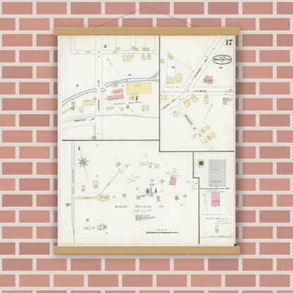 Old map wall art mockup — magnetic wood frame on brick wall — Sanborn Fire Insurance Map from Washington, Washington County, Pennsylvania (1896), Sheet #0017