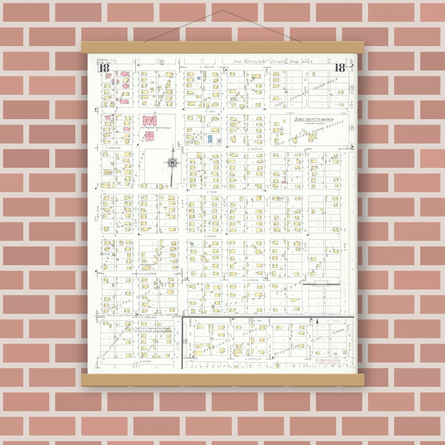 Old map wall art mockup — magnetic wood frame on brick wall — Sanborn Fire Insurance Map from Herrin, Williamson County, Illinois (1941), Sheet #0018