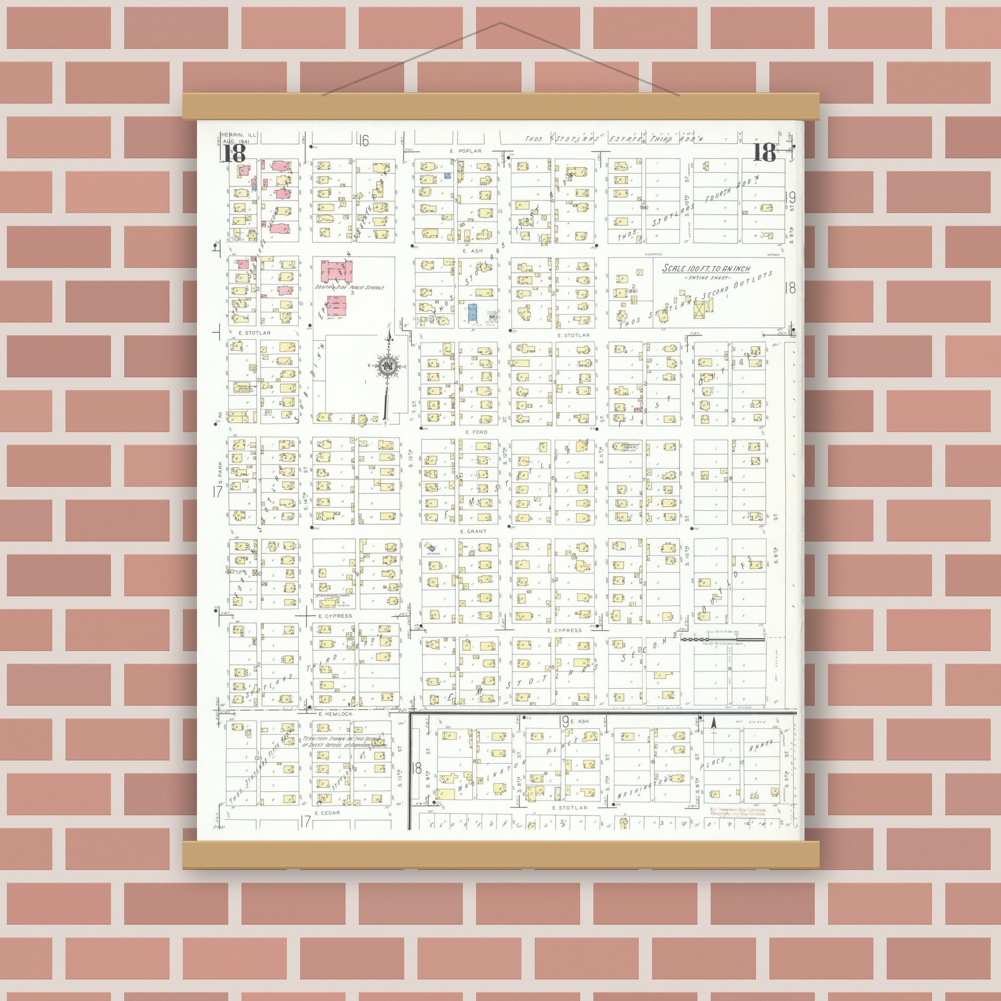 Old map wall art mockup — magnetic wood frame on brick wall — Sanborn Fire Insurance Map from Herrin, Williamson County, Illinois (1941), Sheet #0018