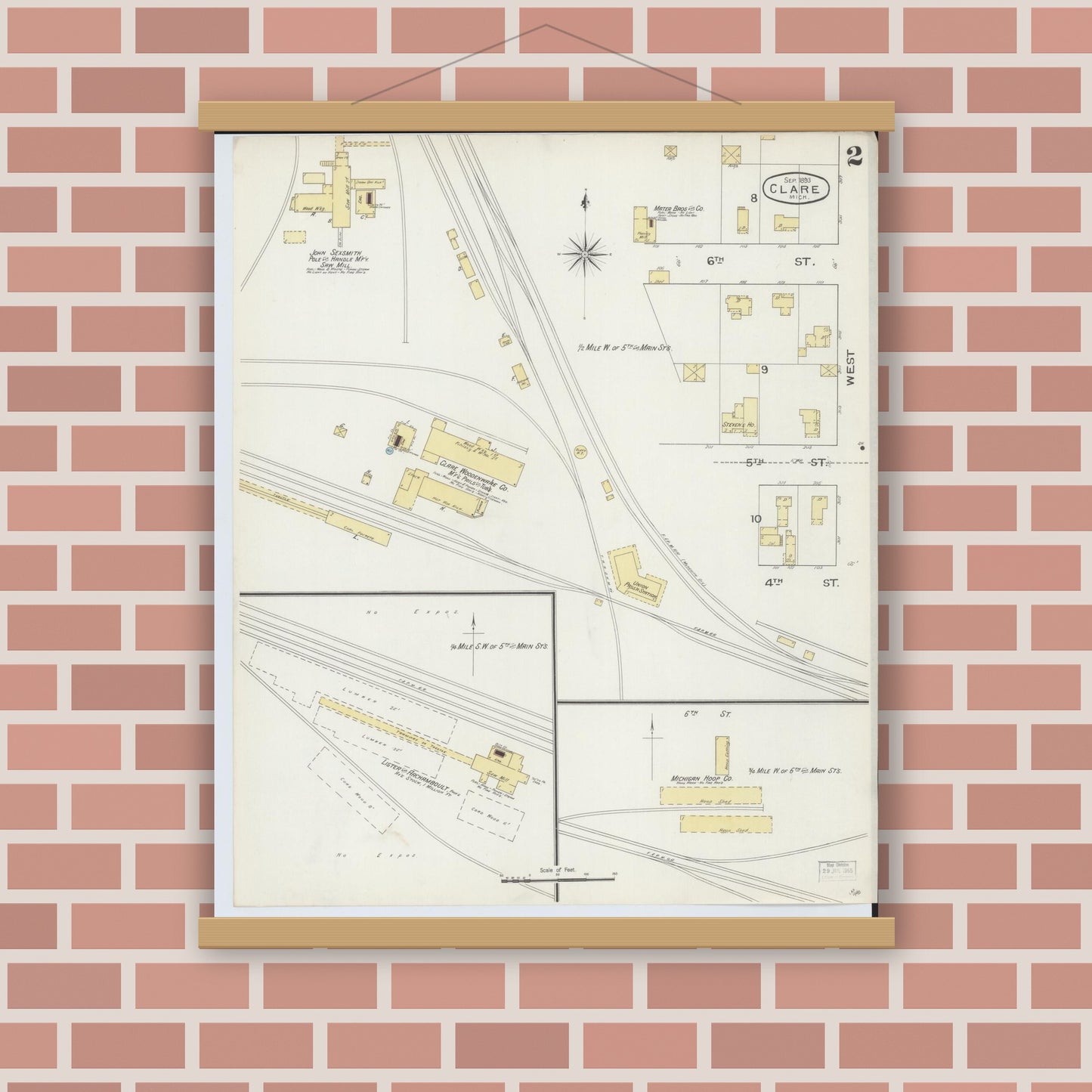 Old map wall art mockup — magnetic wood frame on brick wall — Sanborn Fire Insurance Map from Clare, Clare County, Michigan (1893), Sheet #0002
