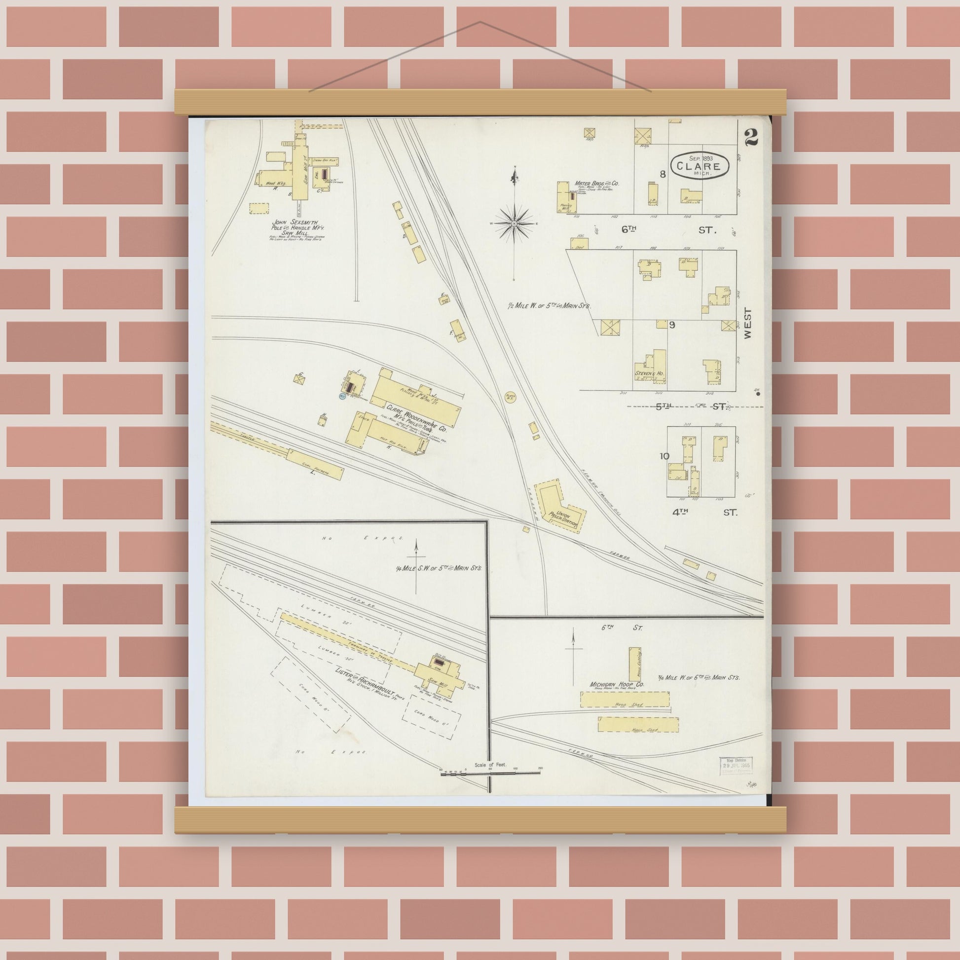 Old map wall art mockup — magnetic wood frame on brick wall — Sanborn Fire Insurance Map from Clare, Clare County, Michigan (1893), Sheet #0002