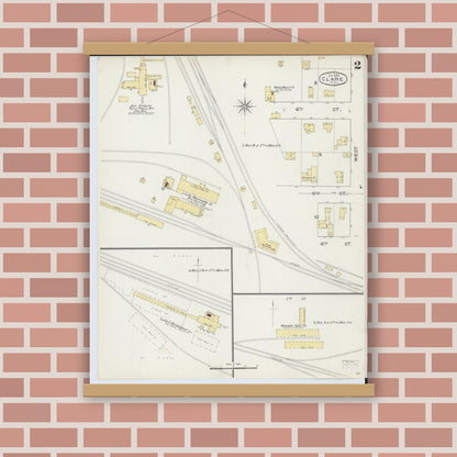 Old map wall art mockup — magnetic wood frame on brick wall — Sanborn Fire Insurance Map from Clare, Clare County, Michigan (1893), Sheet #0002