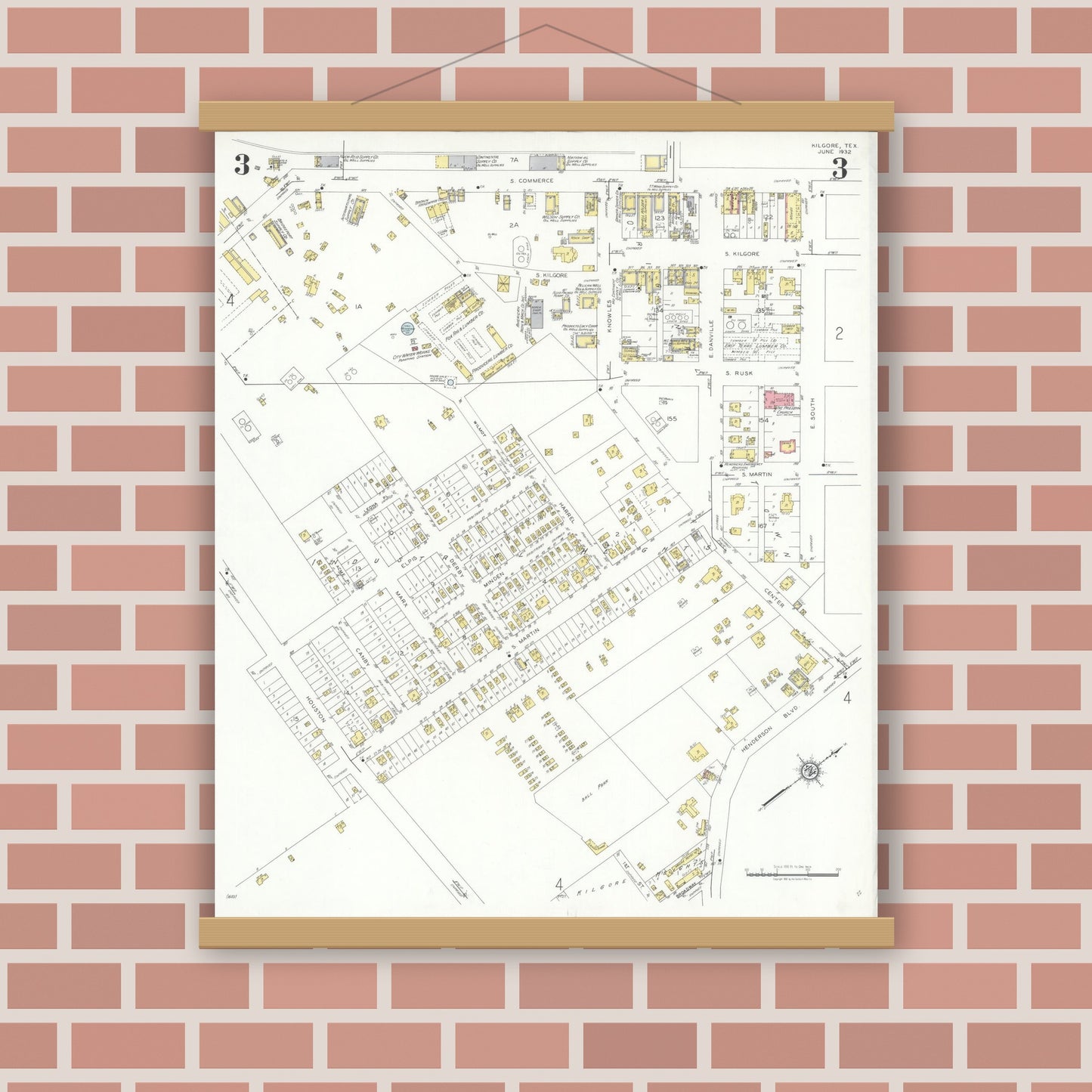 Old map wall art mockup — magnetic wood frame on brick wall — Sanborn Fire Insurance Map from Kilgore, Gregg County, Texas (1932), Sheet #0003