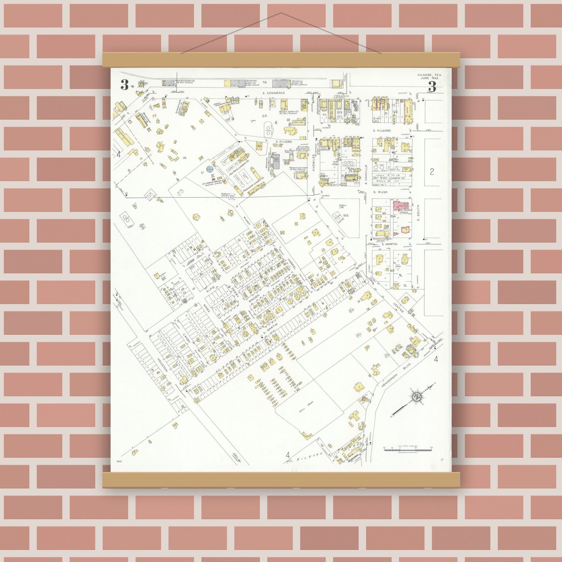 Old map wall art mockup — magnetic wood frame on brick wall — Sanborn Fire Insurance Map from Kilgore, Gregg County, Texas (1932), Sheet #0003