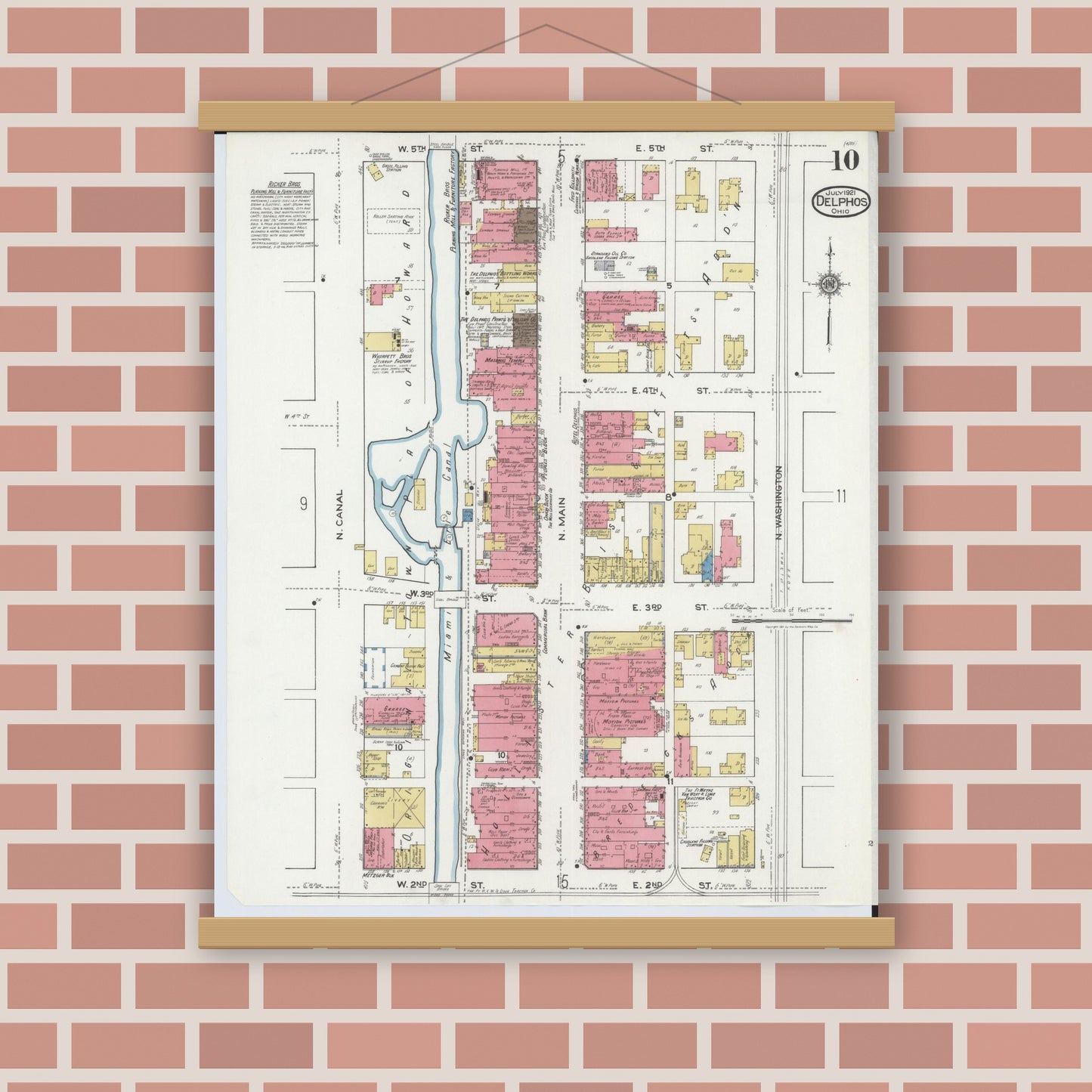 Old map wall art mockup — magnetic wood frame on brick wall — Sanborn Fire Insurance Map from Delphos, Van Wert And Allen Counties, Ohio (1921), Sheet #0010