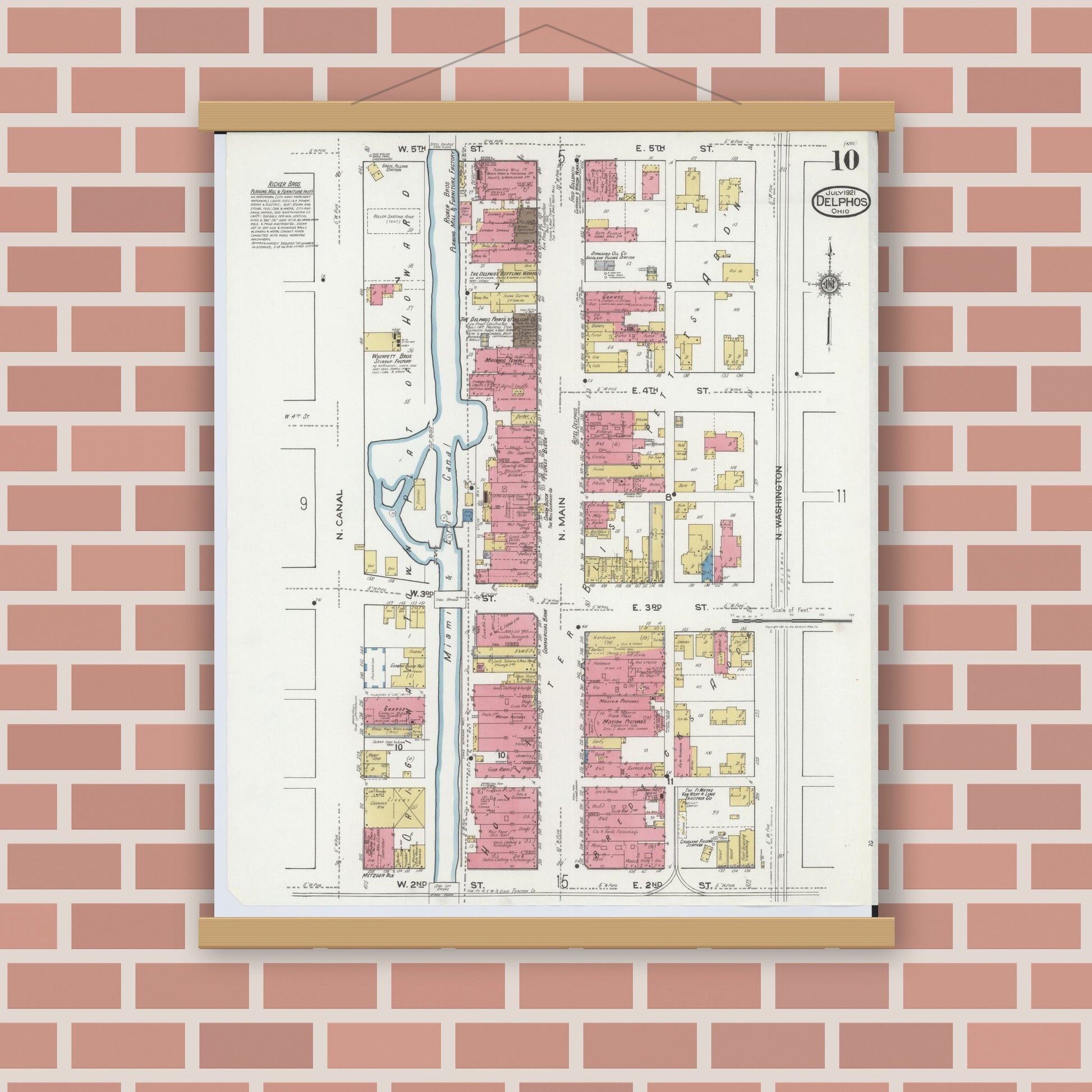Old map wall art mockup — magnetic wood frame on brick wall — Sanborn Fire Insurance Map from Delphos, Van Wert And Allen Counties, Ohio (1921), Sheet #0010