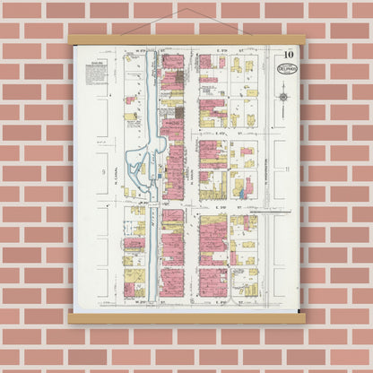 Old map wall art mockup — magnetic wood frame on brick wall — Sanborn Fire Insurance Map from Delphos, Van Wert And Allen Counties, Ohio (1921), Sheet #0010