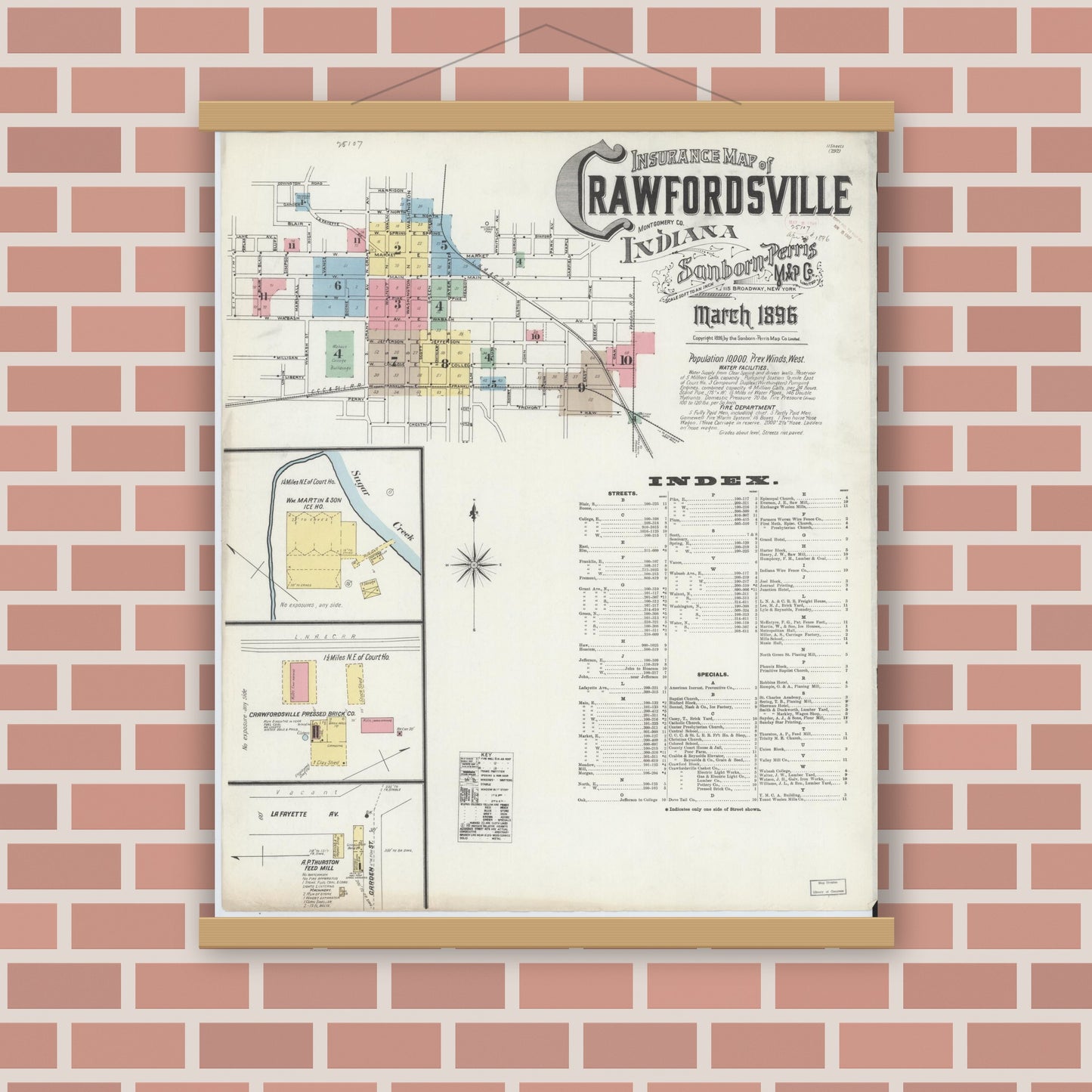 Old map wall art mockup — magnetic wood frame on brick wall — Sanborn Fire Insurance Map from Crawfordsville, Montgomery County, Indiana (1896) - Complete Map Set