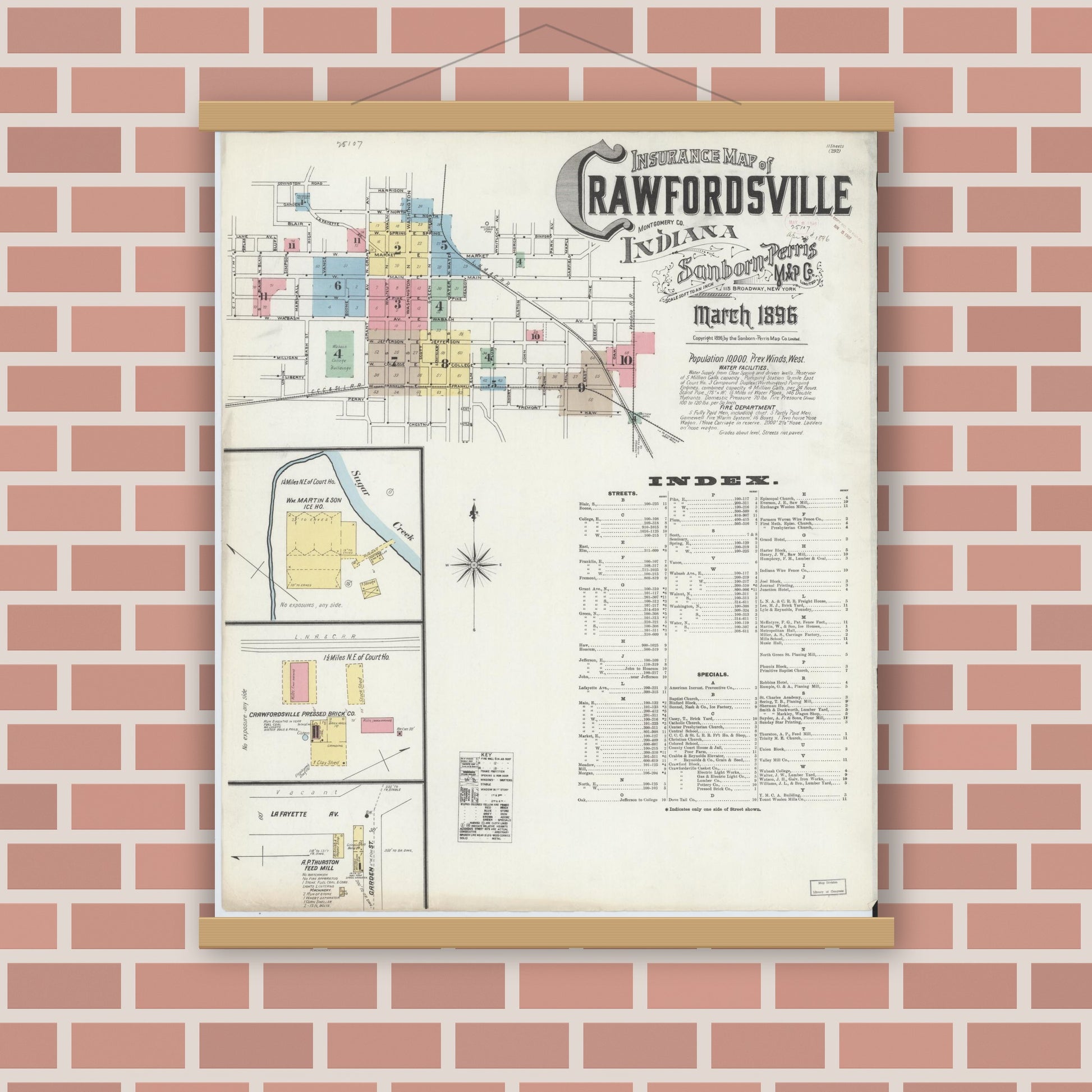Old map wall art mockup — magnetic wood frame on brick wall — Sanborn Fire Insurance Map from Crawfordsville, Montgomery County, Indiana (1896) - Complete Map Set