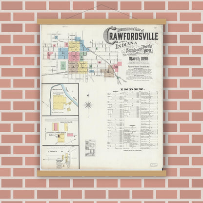 Old map wall art mockup — magnetic wood frame on brick wall — Sanborn Fire Insurance Map from Crawfordsville, Montgomery County, Indiana (1896) - Complete Map Set