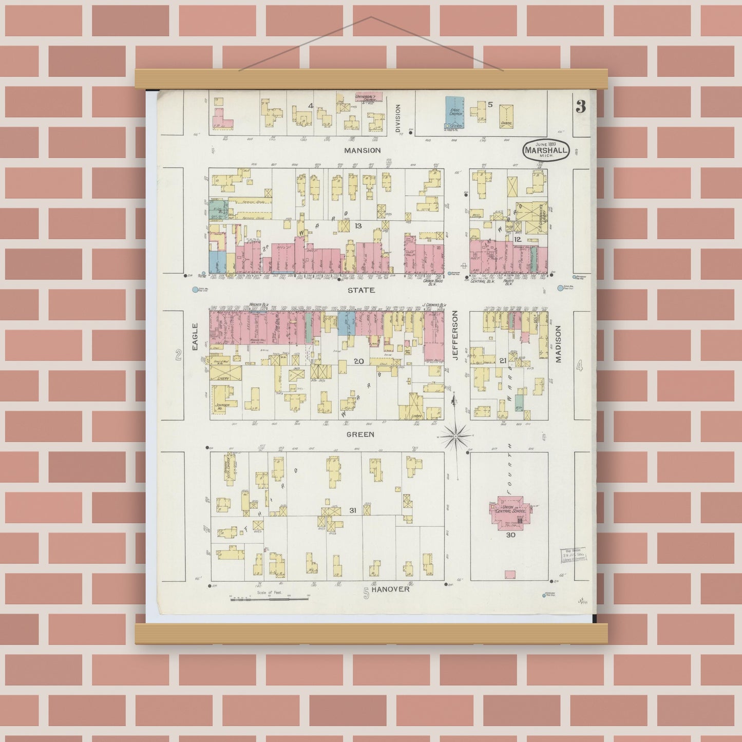 Old map wall art mockup — magnetic wood frame on brick wall — Sanborn Fire Insurance Map from Marshall, Calhoun County, Michigan (1893), Sheet #0003
