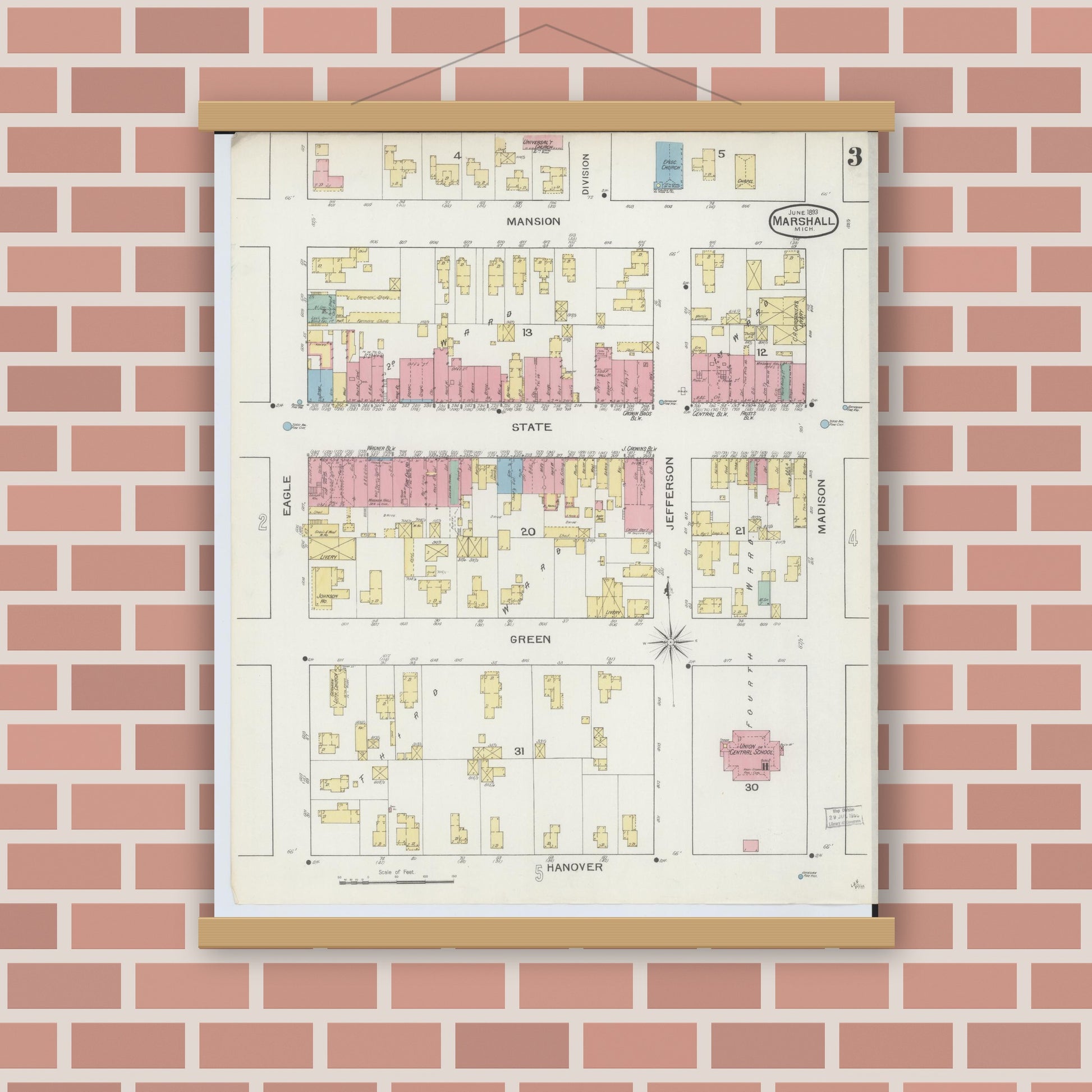 Old map wall art mockup — magnetic wood frame on brick wall — Sanborn Fire Insurance Map from Marshall, Calhoun County, Michigan (1893), Sheet #0003