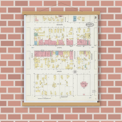 Old map wall art mockup — magnetic wood frame on brick wall — Sanborn Fire Insurance Map from Marshall, Calhoun County, Michigan (1893), Sheet #0003
