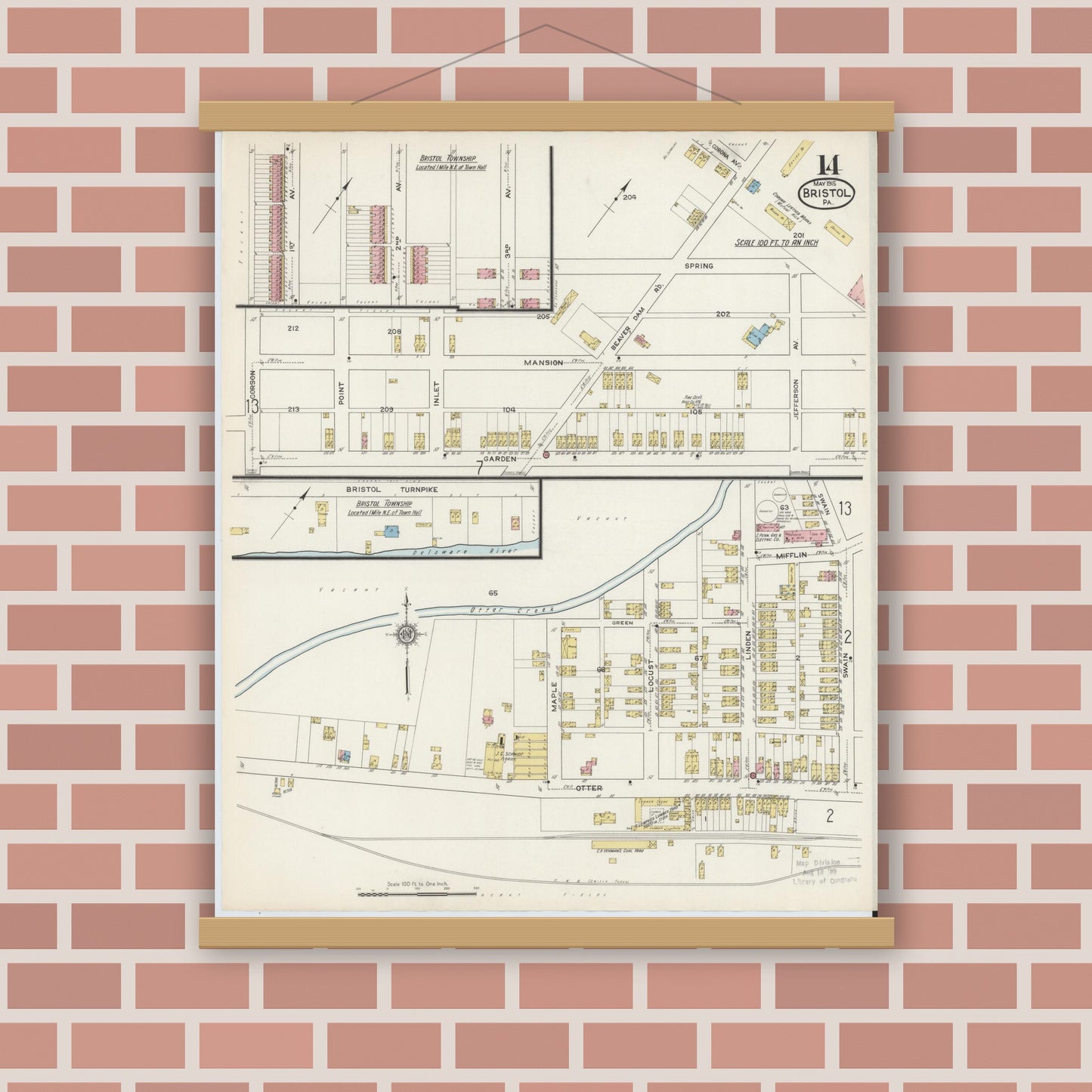 Old map wall art mockup — magnetic wood frame on brick wall — Sanborn Fire Insurance Map from Bristol, Bucks County, Pennsylvania (1915), Sheet #0014
