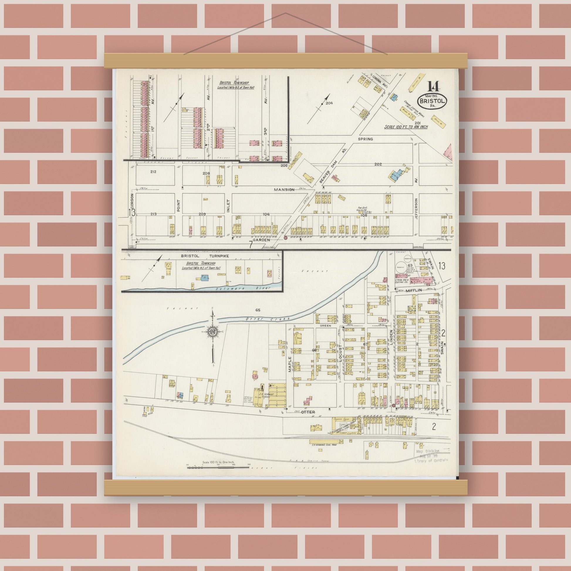 Old map wall art mockup — magnetic wood frame on brick wall — Sanborn Fire Insurance Map from Bristol, Bucks County, Pennsylvania (1915), Sheet #0014