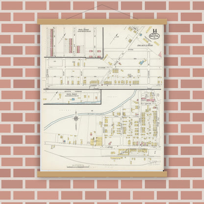 Old map wall art mockup — magnetic wood frame on brick wall — Sanborn Fire Insurance Map from Bristol, Bucks County, Pennsylvania (1915), Sheet #0014