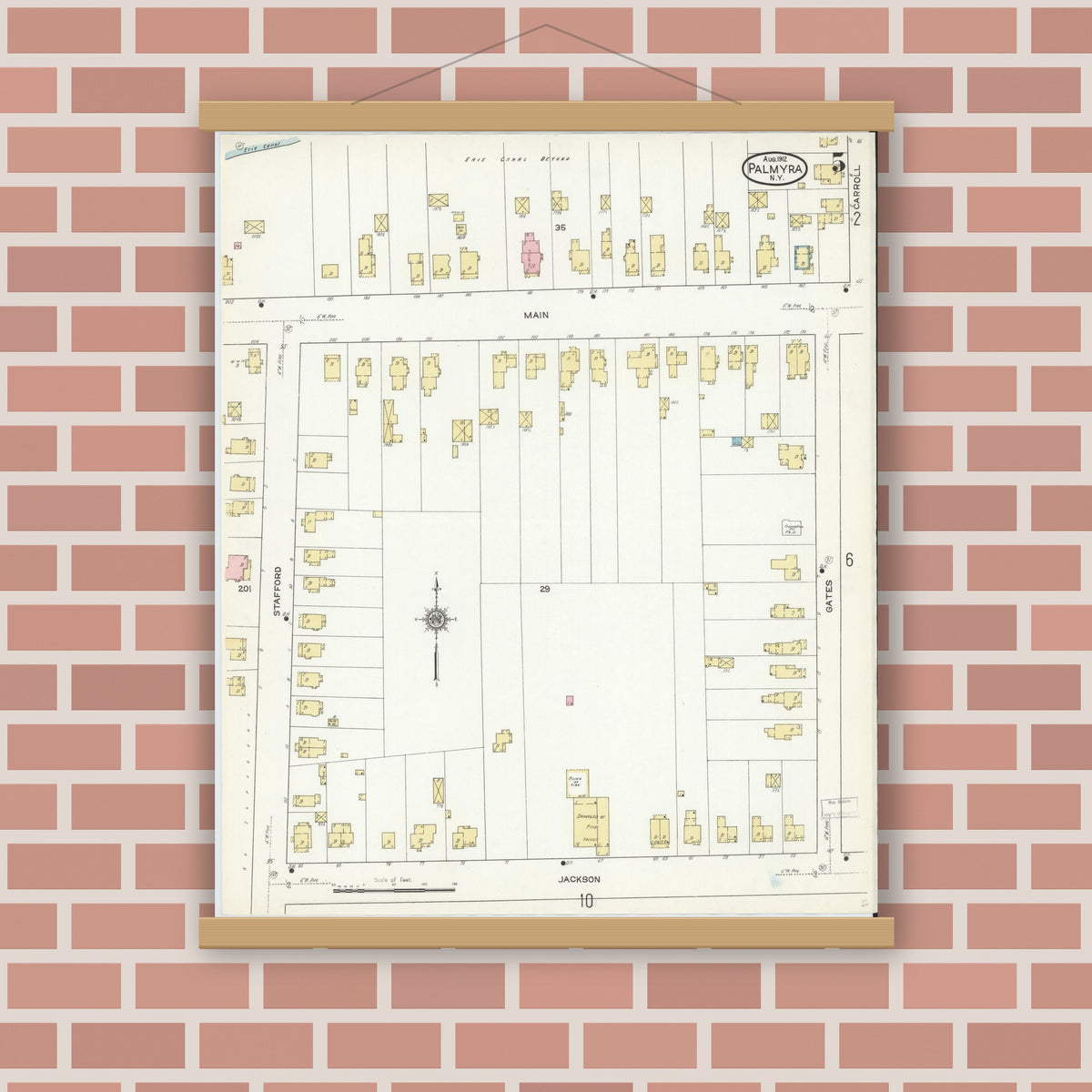 Old map wall art mockup — magnetic wood frame on brick wall — Sanborn Fire Insurance Map from Palmyra, Wayne County, New York (1912), Sheet #0005