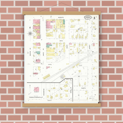 Old map wall art mockup — magnetic wood frame on brick wall — Sanborn Fire Insurance Map from Corning, Adams County, Iowa (1907), Sheet #0004