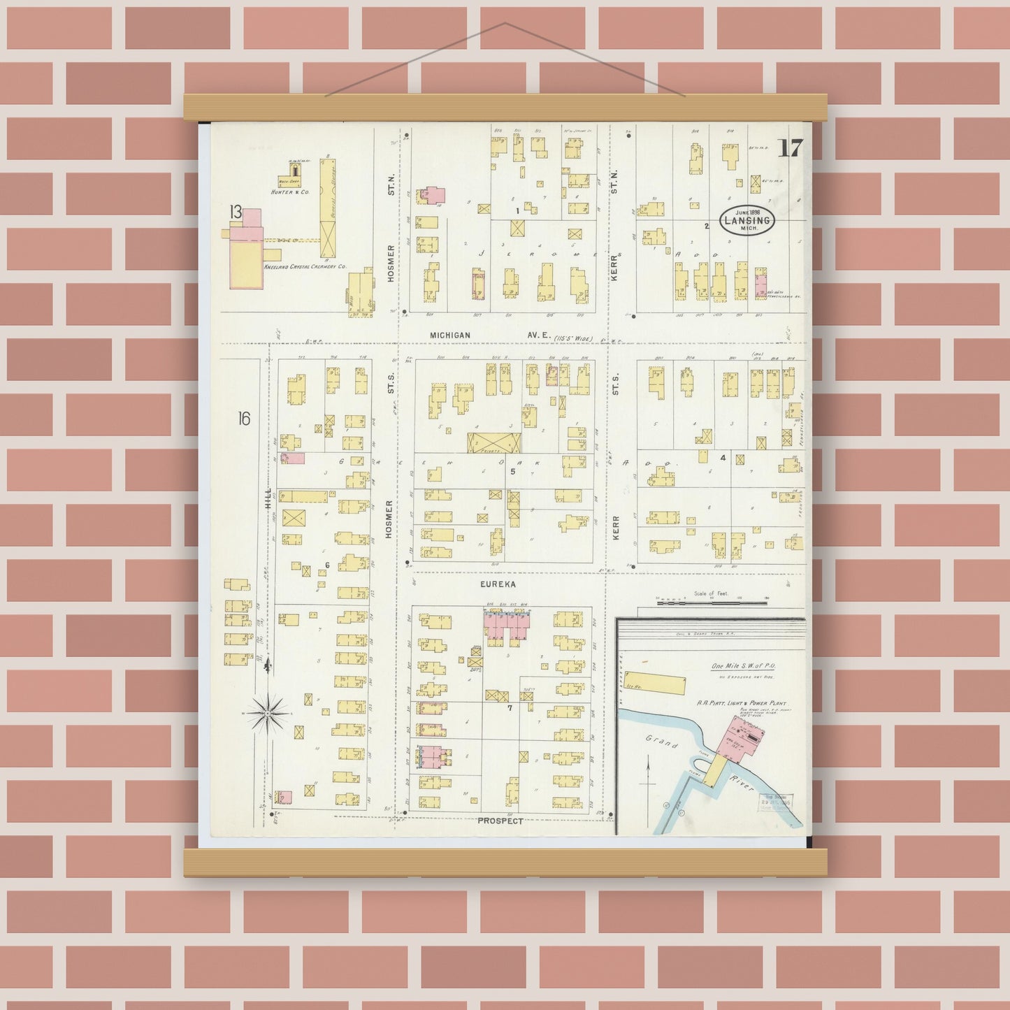 Old map wall art mockup — magnetic wood frame on brick wall — Sanborn Fire Insurance Map from Lansing, Ingham County, Michigan (1898), Sheet #0017