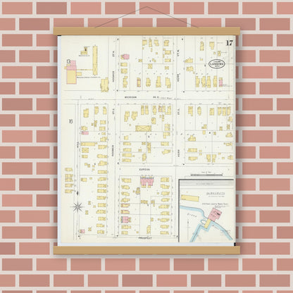 Old map wall art mockup — magnetic wood frame on brick wall — Sanborn Fire Insurance Map from Lansing, Ingham County, Michigan (1898), Sheet #0017