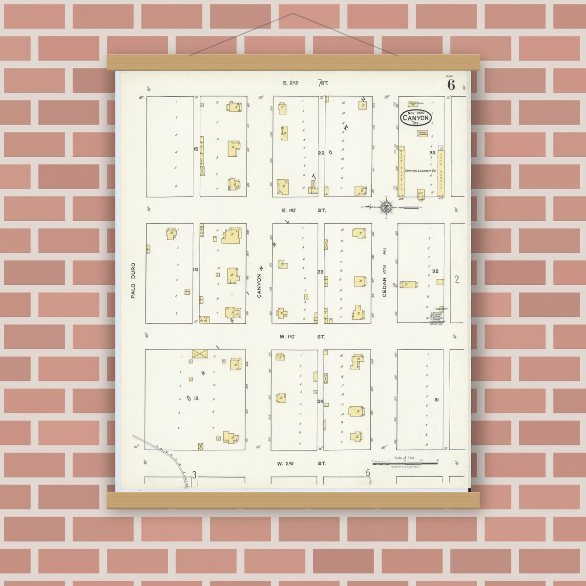 Old map wall art mockup — magnetic wood frame on brick wall — Sanborn Fire Insurance Map from Canyon, Randall County, Texas (1920), Sheet #0006