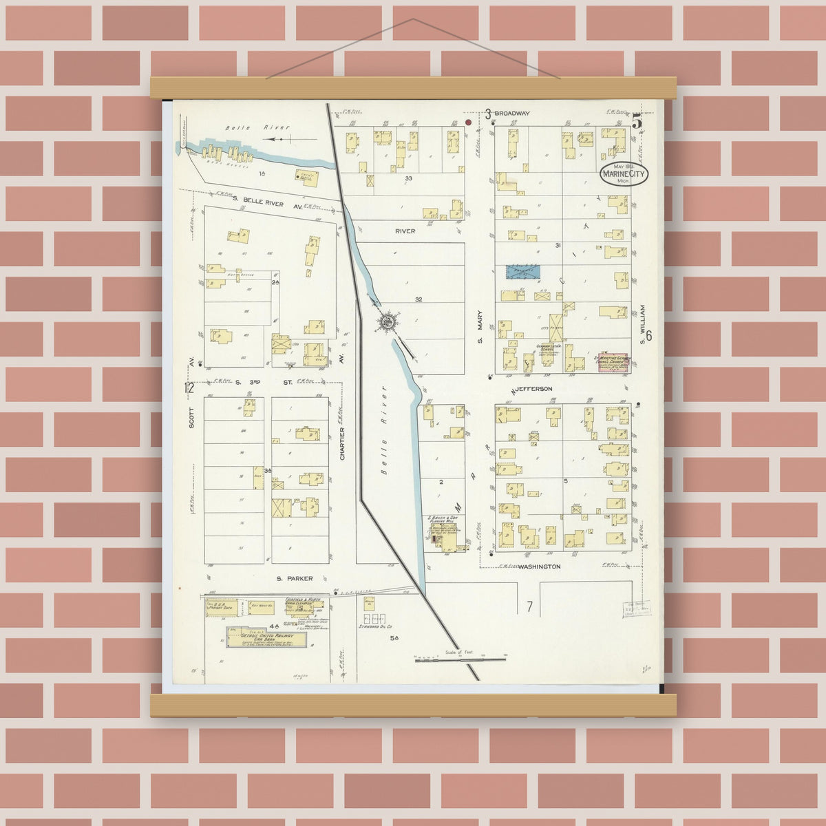 Old map wall art mockup — magnetic wood frame on brick wall — Sanborn Fire Insurance Map from Marine City, Saint Clair County, Michigan (1913), Sheet #0005