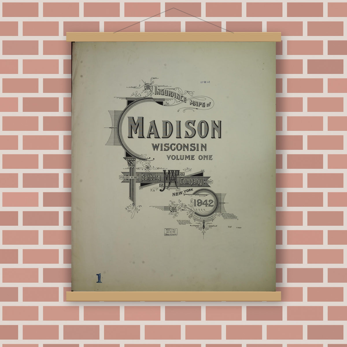 Old map wall art mockup — magnetic wood frame on brick wall — Sanborn Fire Insurance Map from Madison, Dane County, Wisconsin (1942), Sheet #0001