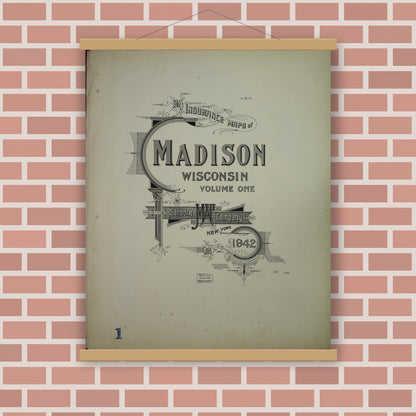 Old map wall art mockup — magnetic wood frame on brick wall — Sanborn Fire Insurance Map from Madison, Dane County, Wisconsin (1942), Sheet #0001