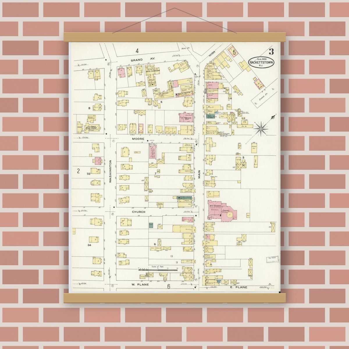 Old map wall art mockup — magnetic wood frame on brick wall — Sanborn Fire Insurance Map from Hackettstown, Warren County, New Jersey (1909), Sheet #0003