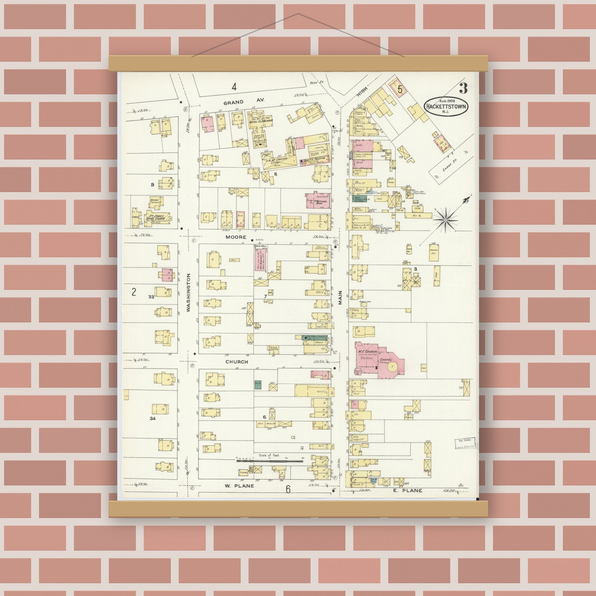 Old map wall art mockup — magnetic wood frame on brick wall — Sanborn Fire Insurance Map from Hackettstown, Warren County, New Jersey (1909), Sheet #0003