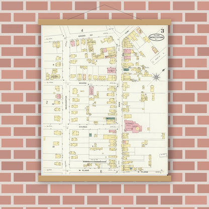 Old map wall art mockup — magnetic wood frame on brick wall — Sanborn Fire Insurance Map from Hackettstown, Warren County, New Jersey (1909), Sheet #0003