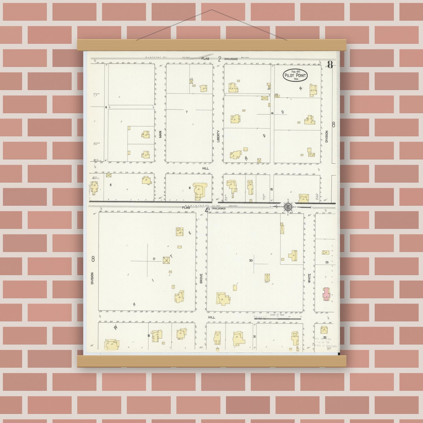 Old map wall art mockup — magnetic wood frame on brick wall — Sanborn Fire Insurance Map from Pilot Point, Denton County, Texas (1912), Sheet #0008