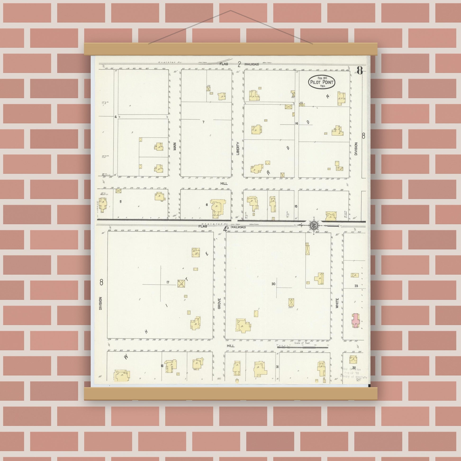 Old map wall art mockup — magnetic wood frame on brick wall — Sanborn Fire Insurance Map from Pilot Point, Denton County, Texas (1912), Sheet #0008