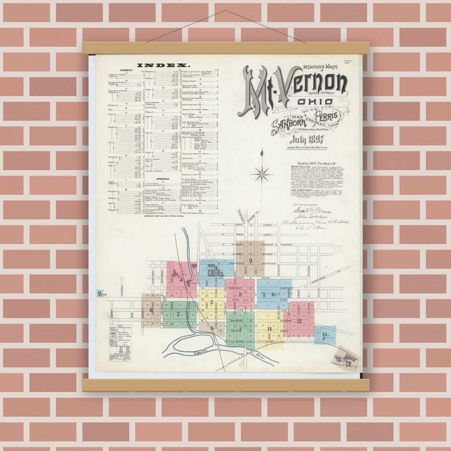 Old map wall art mockup — magnetic wood frame on brick wall — Sanborn Fire Insurance Map from Mount Vernon, Knox County, Ohio (1897) - Complete Map Set