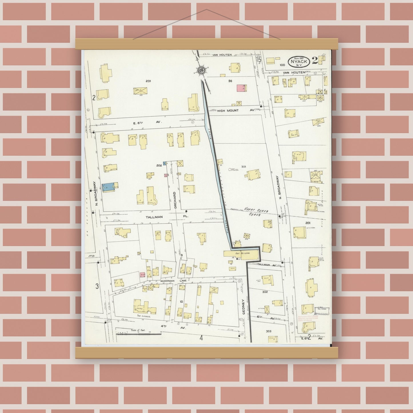 Old map wall art mockup — magnetic wood frame on brick wall — Sanborn Fire Insurance Map from Nyack, Rockland County, New York. (1910), Sheet #0002